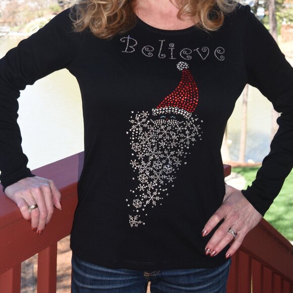 Christmas Believe rhinestone bling long sleeved shirt XS S M L XL XXL 1X 2X … - Picture 6 of 9